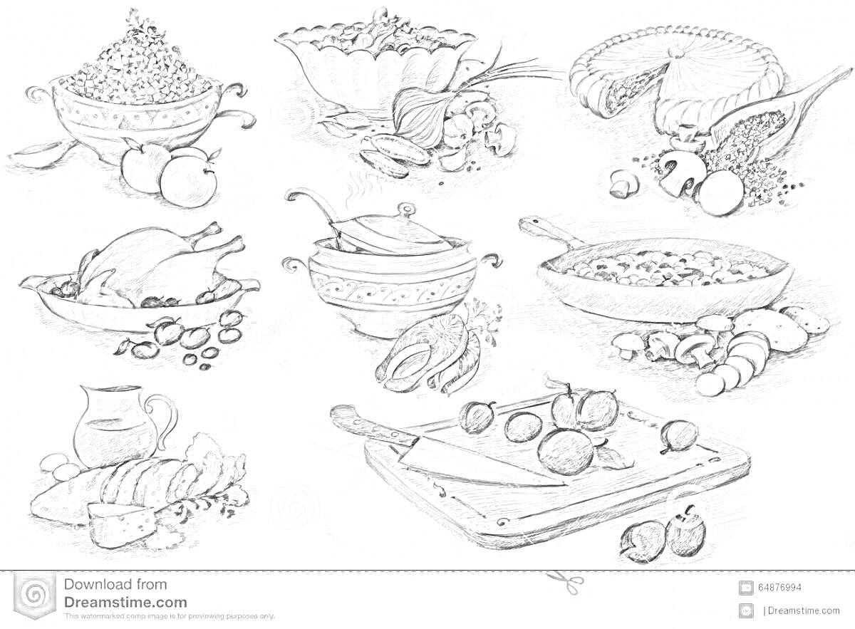 Раскраска блюда русской кухни с элементами - каша с луком и чесноком, салат с зеленью и луком, пирог с начинкой из овощей и рыбы, ряженка с хлебом, запеченная курица с яблоками и брусникой, суп в горшочке с грибами и чесноком, блюдо с овощами и грибами, доска с нож
