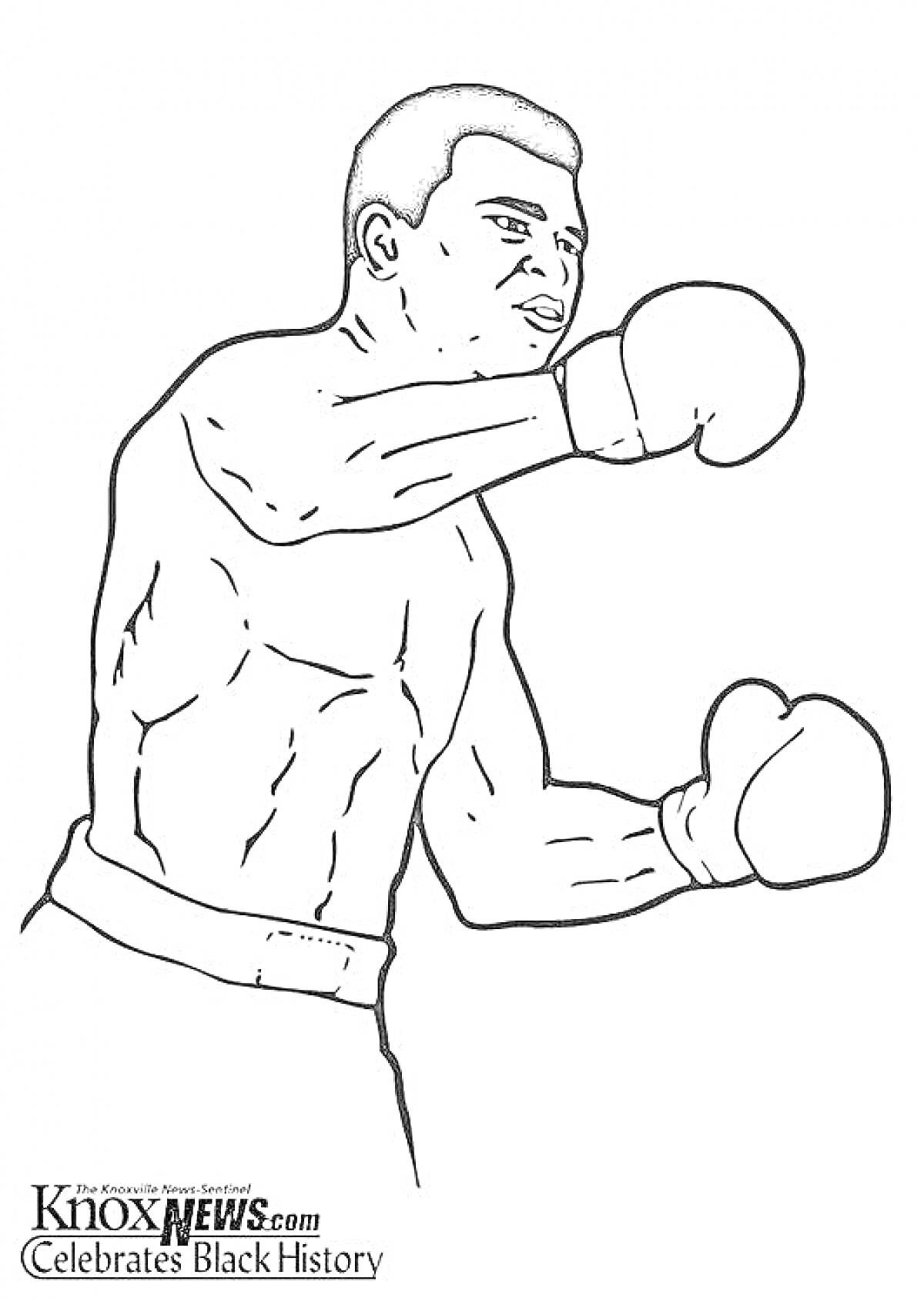 На раскраске изображено: Боксер, Боевой стойка, Перчатки, Спорт, Человек, Контурные рисунки, Физкультура