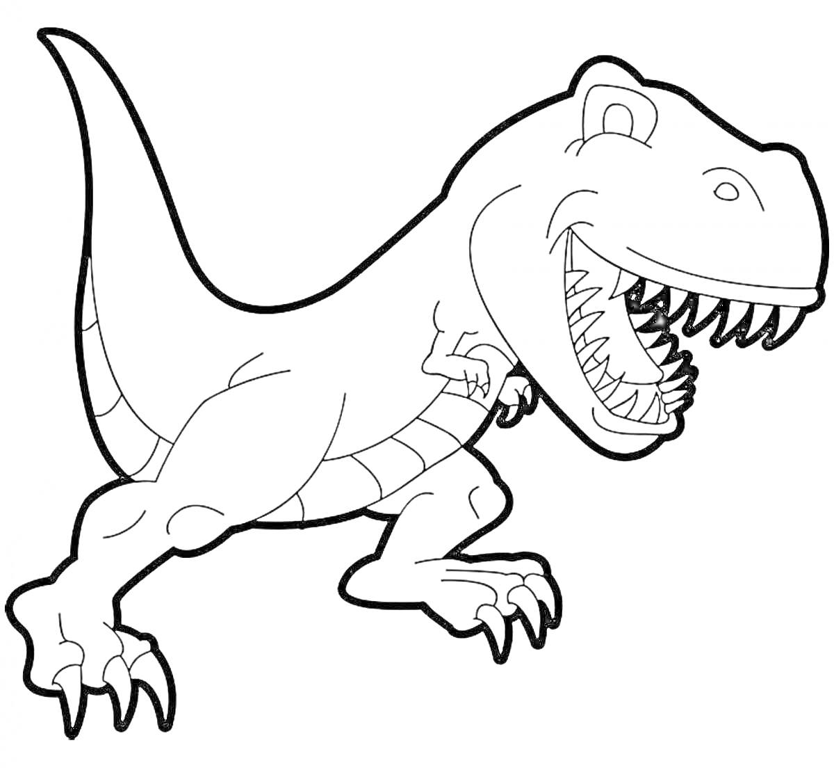 Раскраска тираннозавр рекс с открытой пастью и острыми зубами в агрессивной позе