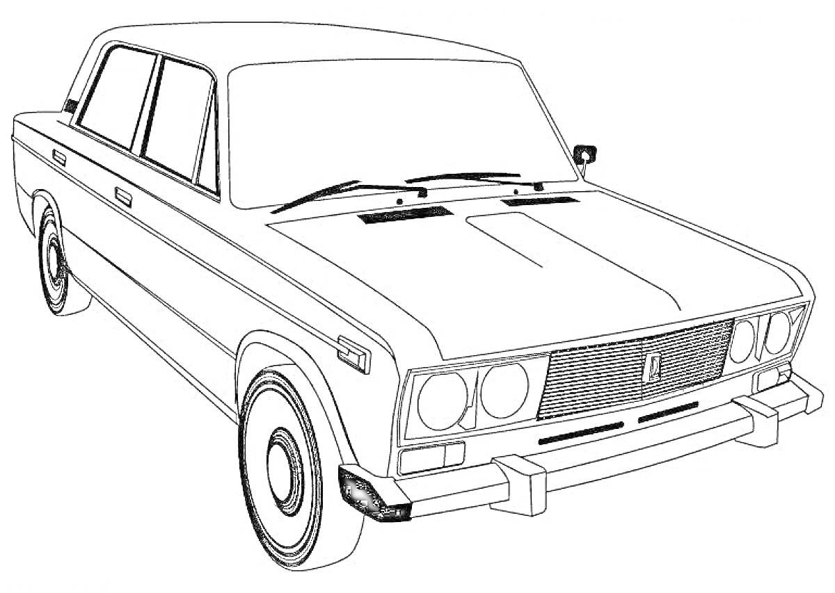 РаскраскаРаскраска автомобиля ВАЗ-2107 с четырьмя фарами на передней части, передними дворниками, боковыми зеркалами и номерным знаком