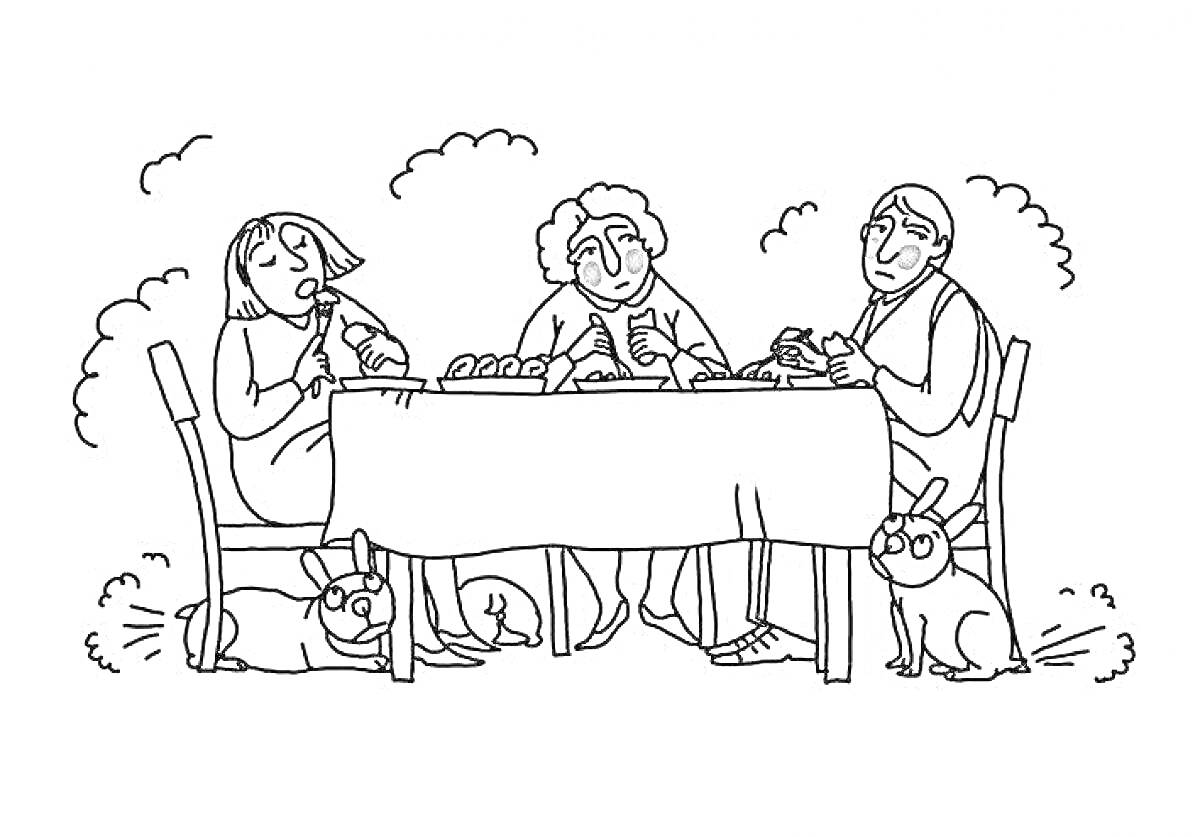 Раскраска Обед на природе с тремя людьми за столом и кроликами