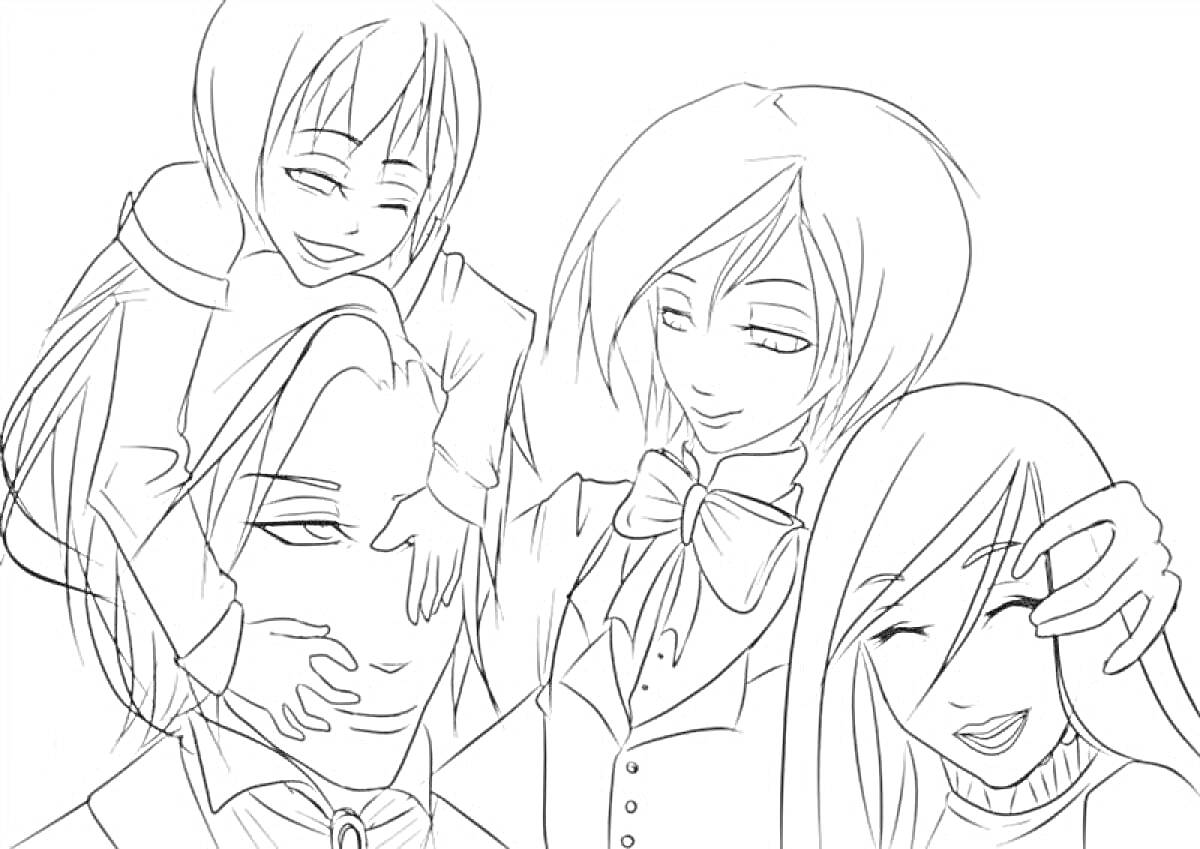 Раскраска Группа персонажей аниме в семейной сцене с играющим ребёнком на плечах мужчины