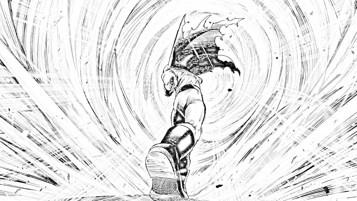 Сайтама в черно-белом вихре, позирует на фоне динамических линий, развевающийся плащ, крупный план ноги