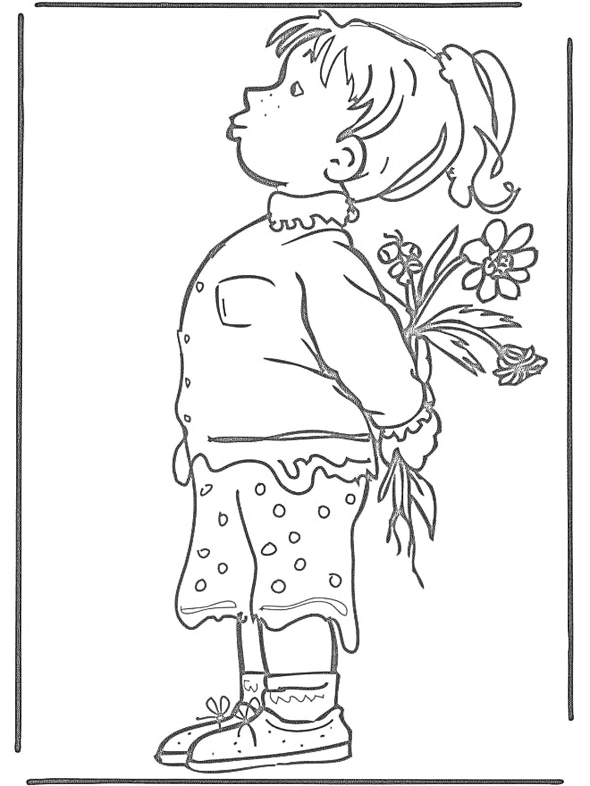 Раскраска Девочка с букетом цветов, спрятанным за спиной