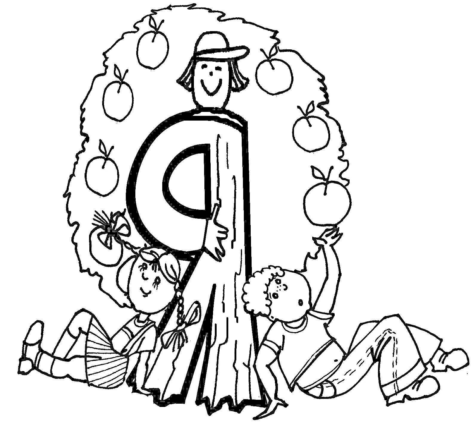 На раскраске изображено: Шляпа, Буквы, Для детей, Яблоко, Деревья, Ювелирные изделия