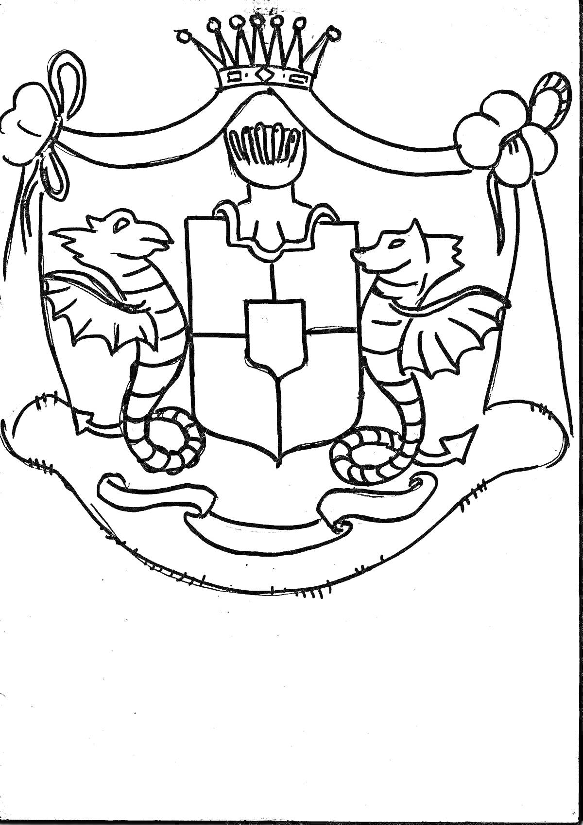 Раскраска Герб семейный с короной, шлемом, щитом с символом креста, двумя драконами с крыльями и лентой