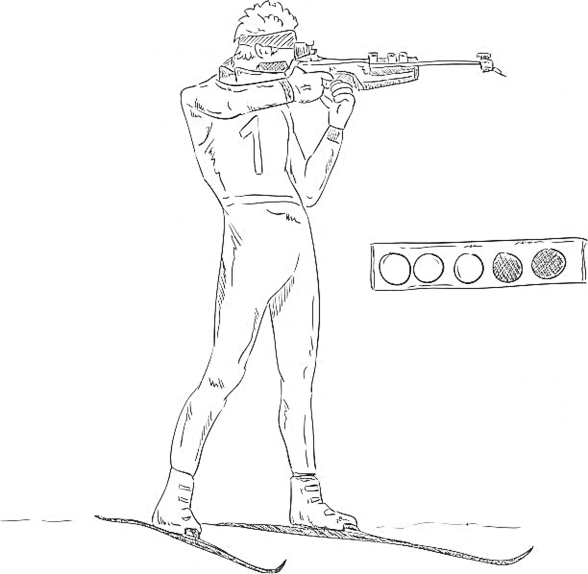 Раскраска Биатлонист с винтовкой на лыжах и мишенью
