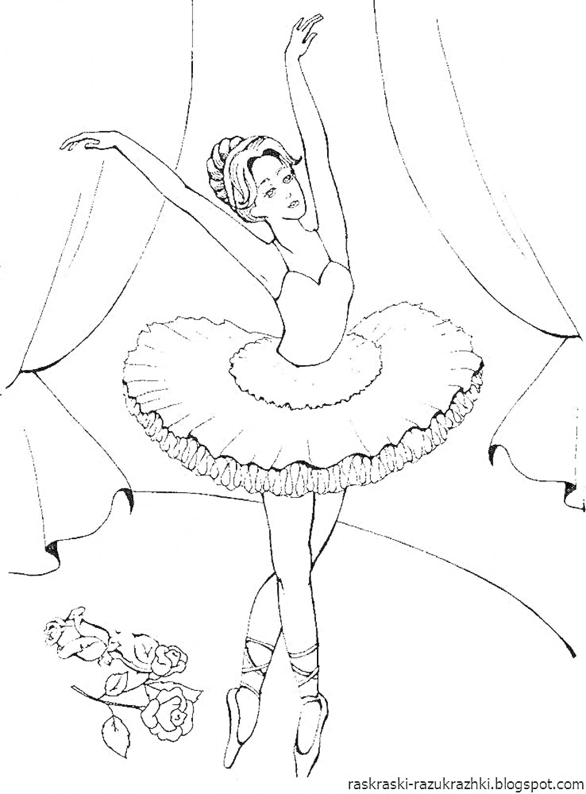 На раскраске изображено: Балерина, Занавес, Розы, Пуанты, Танец, Балет, Искусство