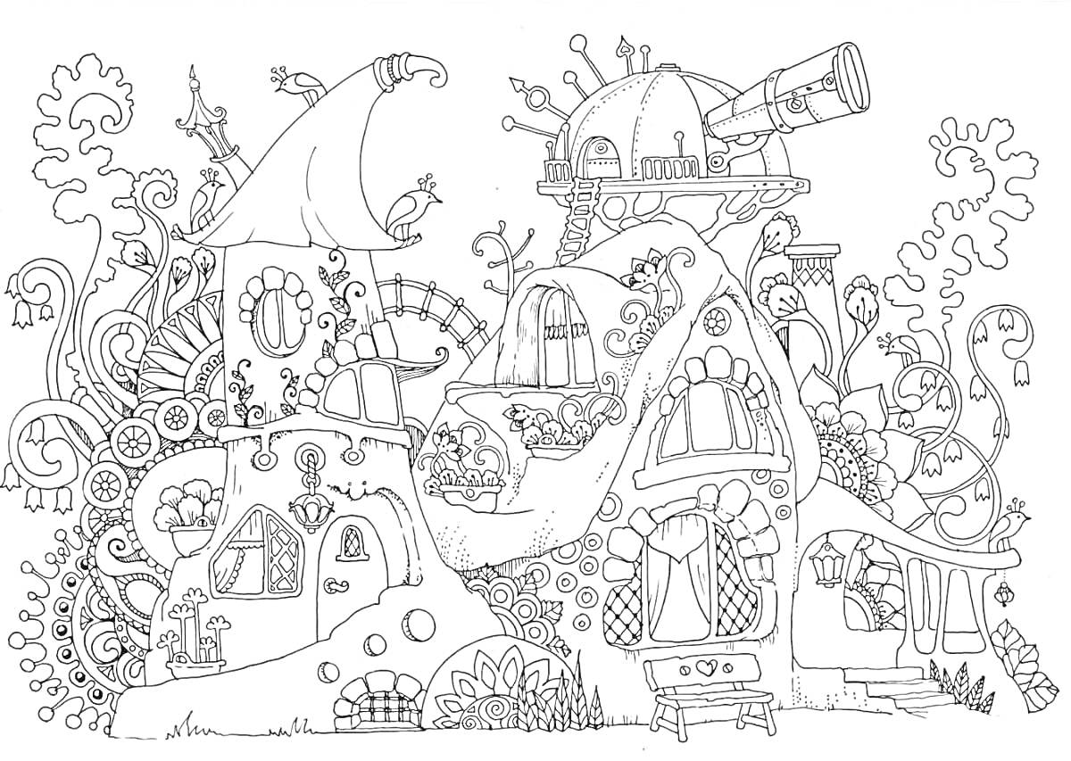 На раскраске изображено: Телескоп, Растения, Волшебство, Окна, Природа, Архитектура, Фантазия