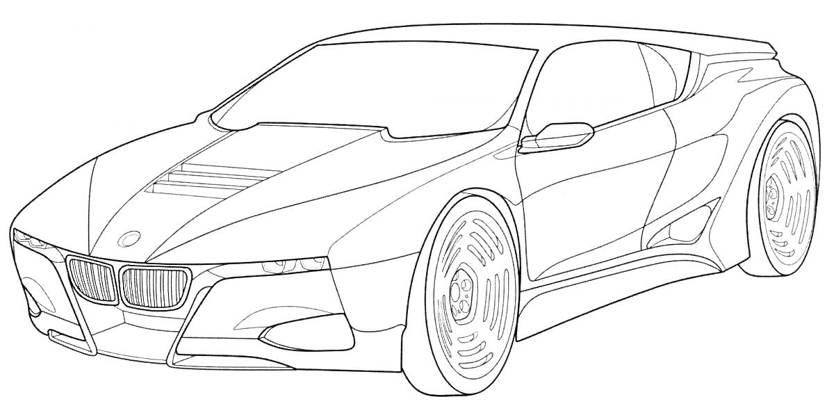 Раскраска Контурная раскраска автомобиля BMW i8 с подробными линиями и элементами дизайна