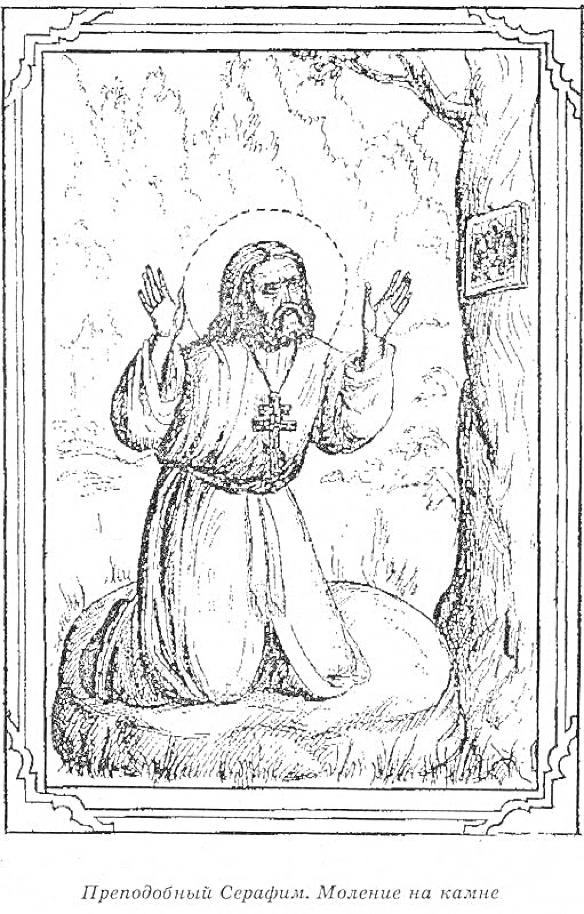 Раскраска Преподобный Серафим. Моление на камне. Мужчина в монашеской одежде с крестом молится на коленях перед иконой, прикрепленной к дереву, на фоне густого леса.