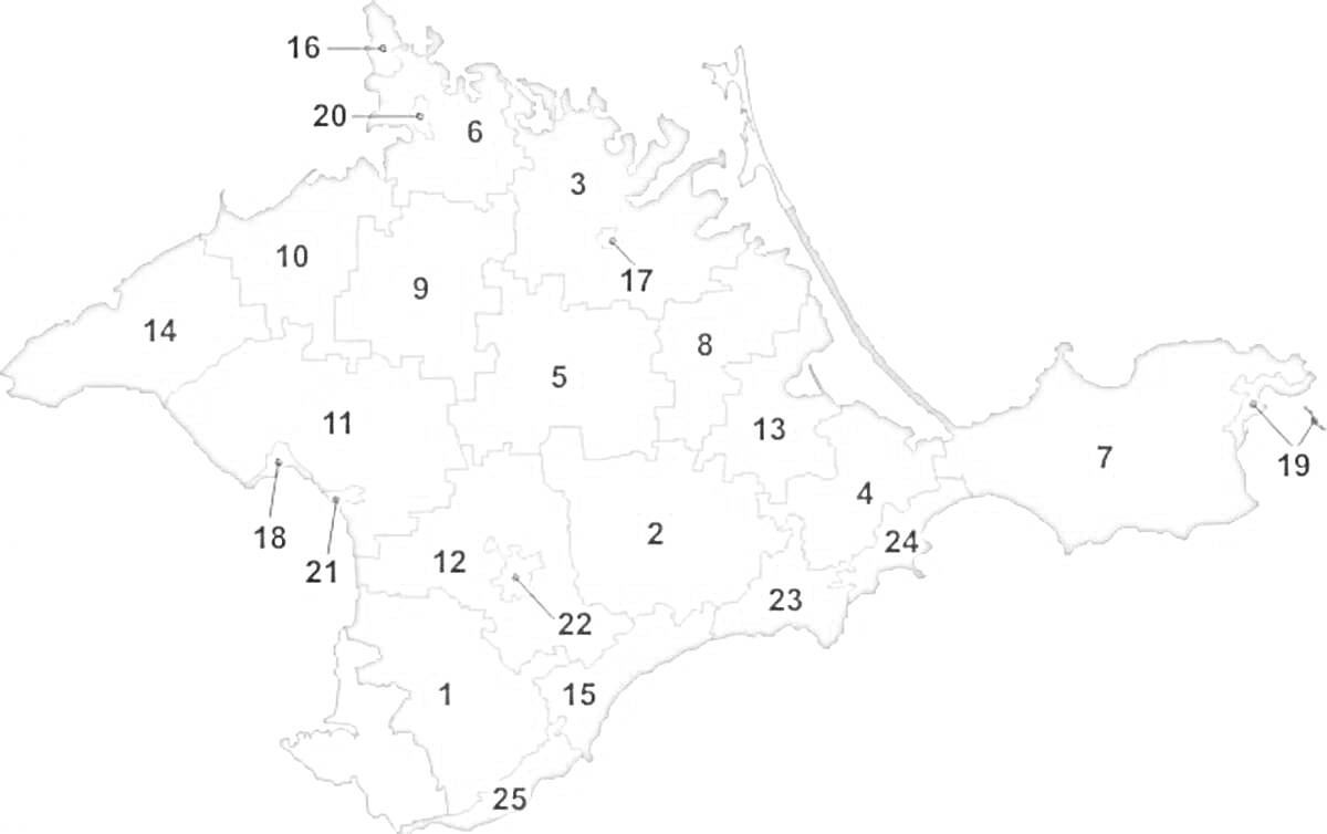Карта административного деления Крымского полуострова с нумерацией регионов