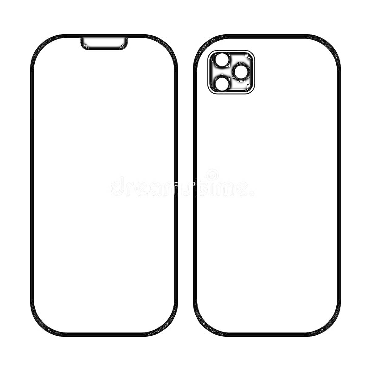 Раскраска Контурные рисунки передней и задней сторон iPhone 14 Pro Max с вырезом для камеры и экраном