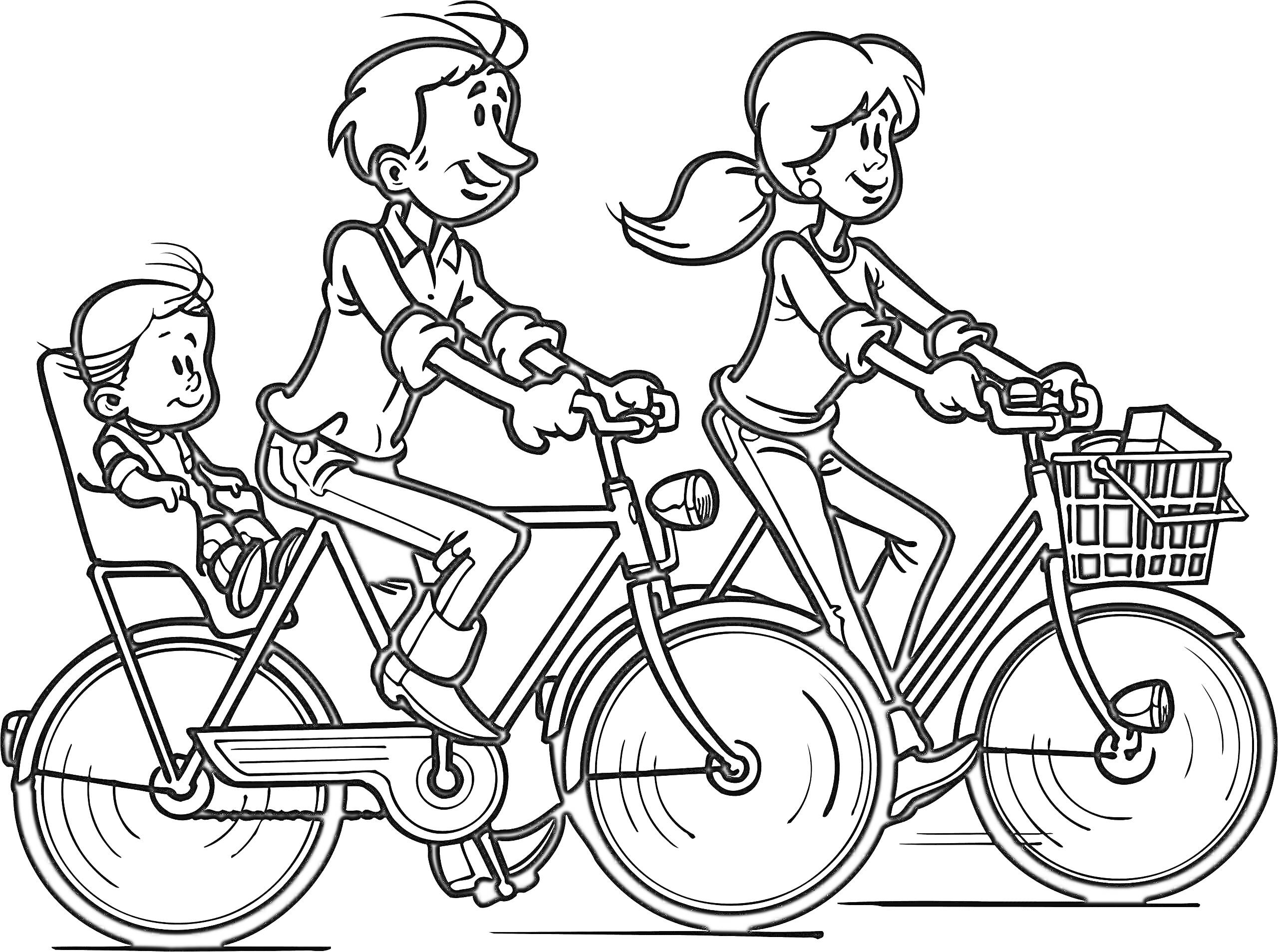 Раскраска Семья на велосипедах - мама на велосипеде с корзиной, папа на велосипеде с детским креслом, маленький ребенок в детском кресле