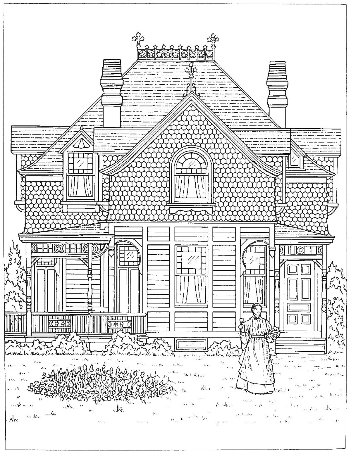 На раскраске изображено: Дом, Двускатная крыша, Мансарда, Балюстрада, Окна, Клумба, Женщина, Викторианский стиль