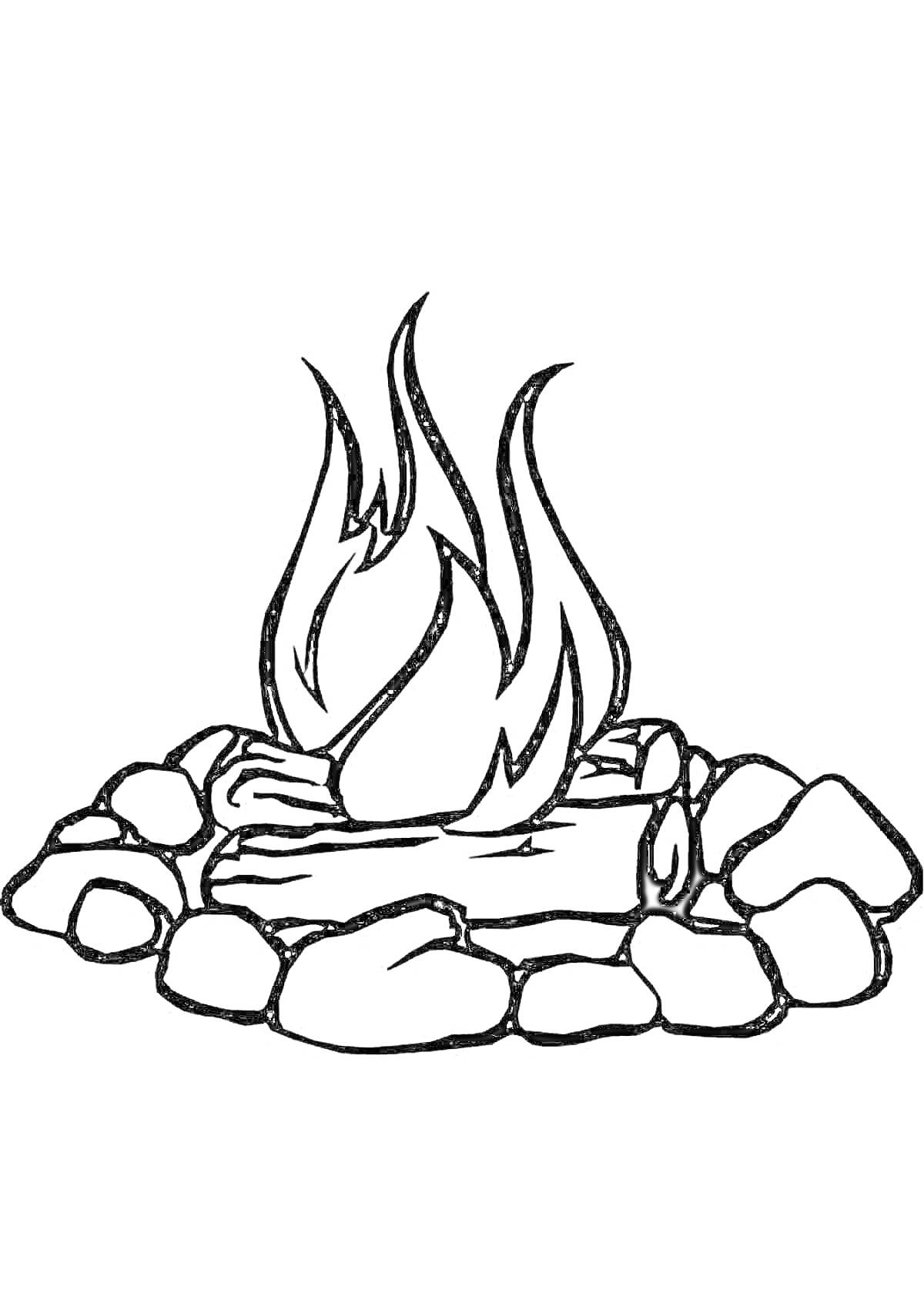 Раскраска Костер с огнем, брёвнами и окружением из камней
