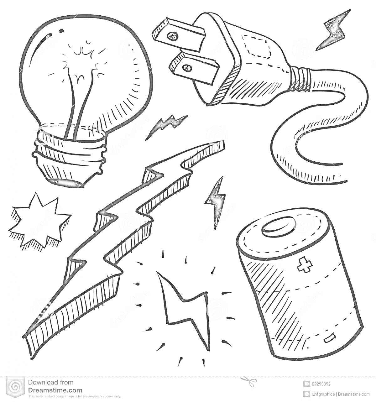 Раскраска Лампочка, вилка с проводом, батарейка, молния, звезды и электрические разряды