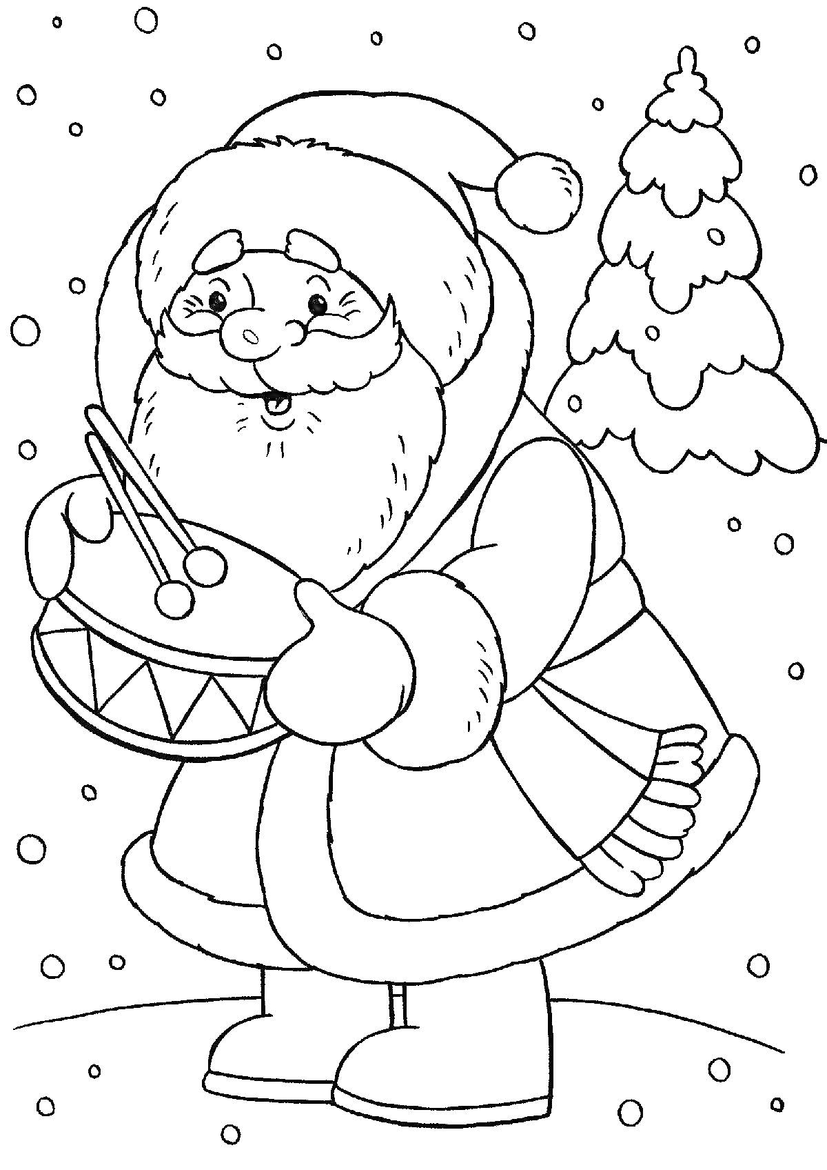 Раскраска Дед Мороз с барабаном на фоне снегопада и ёлки