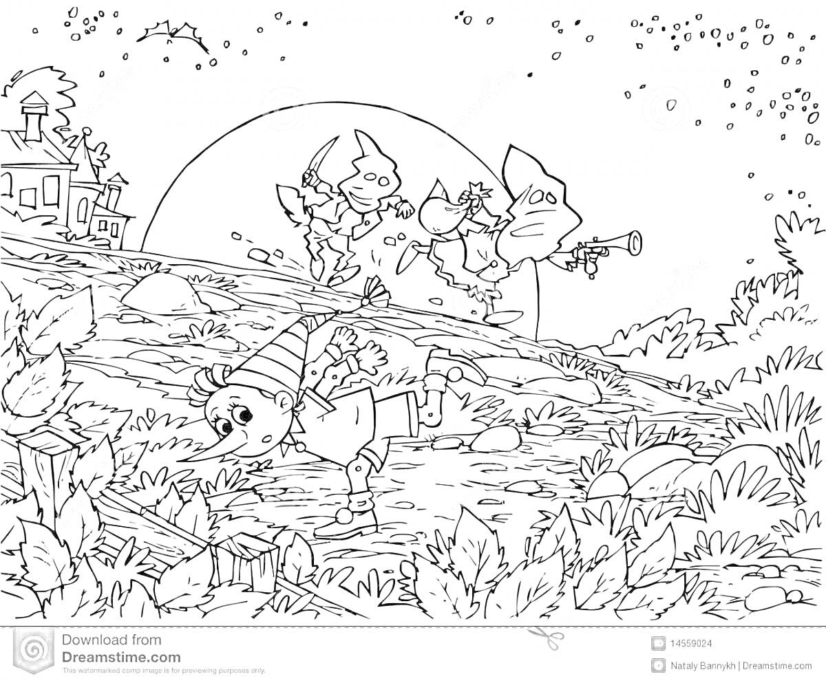 Раскраска Алиса Лиса и другие персонажи на холме с домом и деревьями