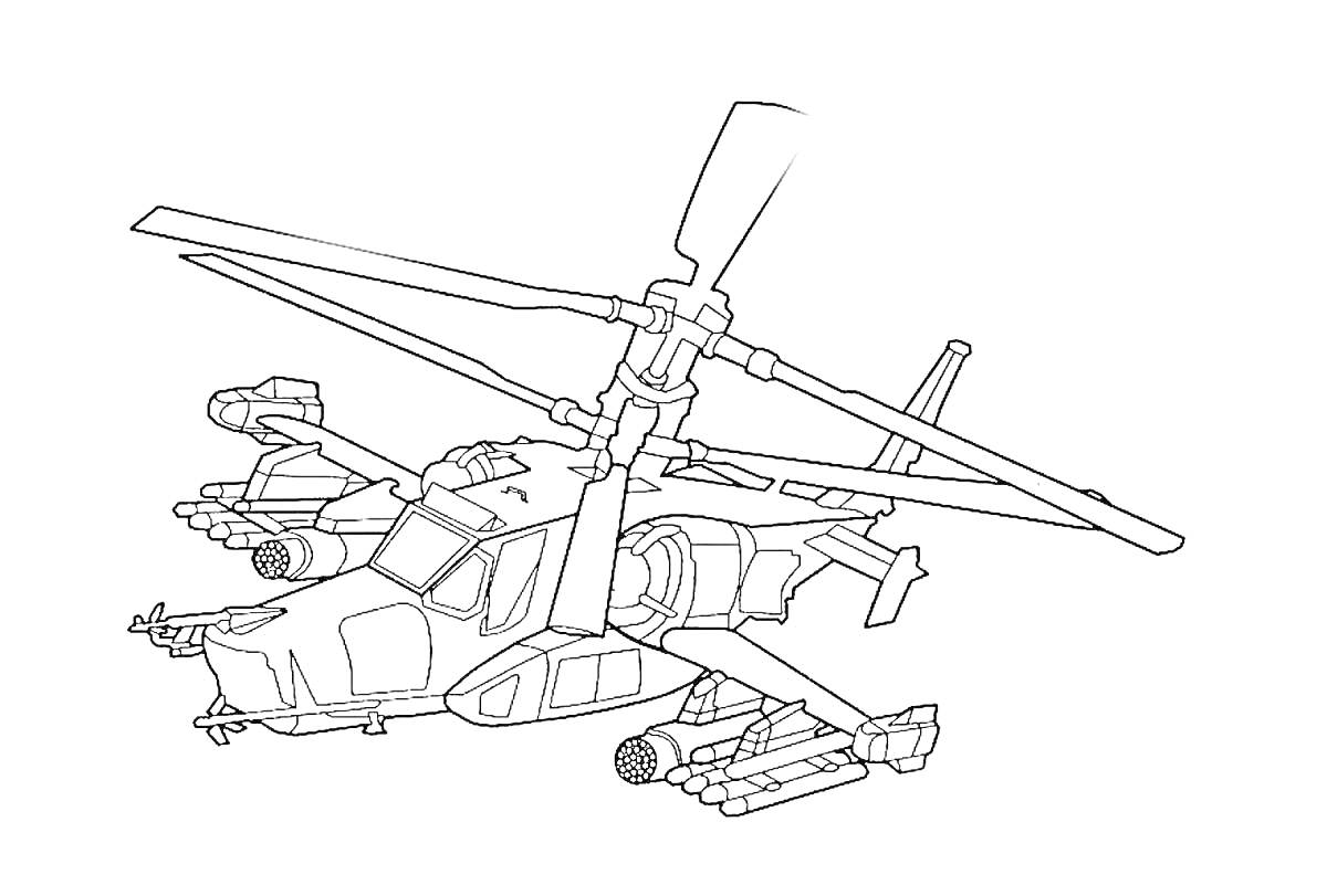 На раскраске изображено: Военный вертолет, Вооружение, Авиация, Боевой транспорт, Контурные рисунки