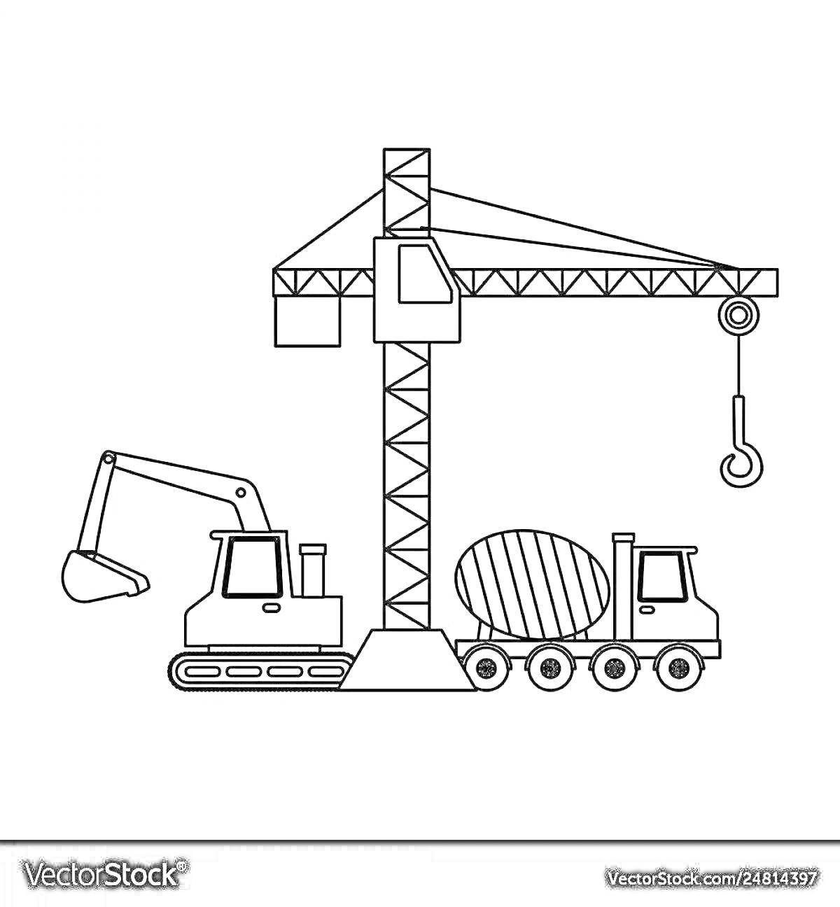 Раскраска Башенный кран, экскаватор, грузовик-бетономешалка
