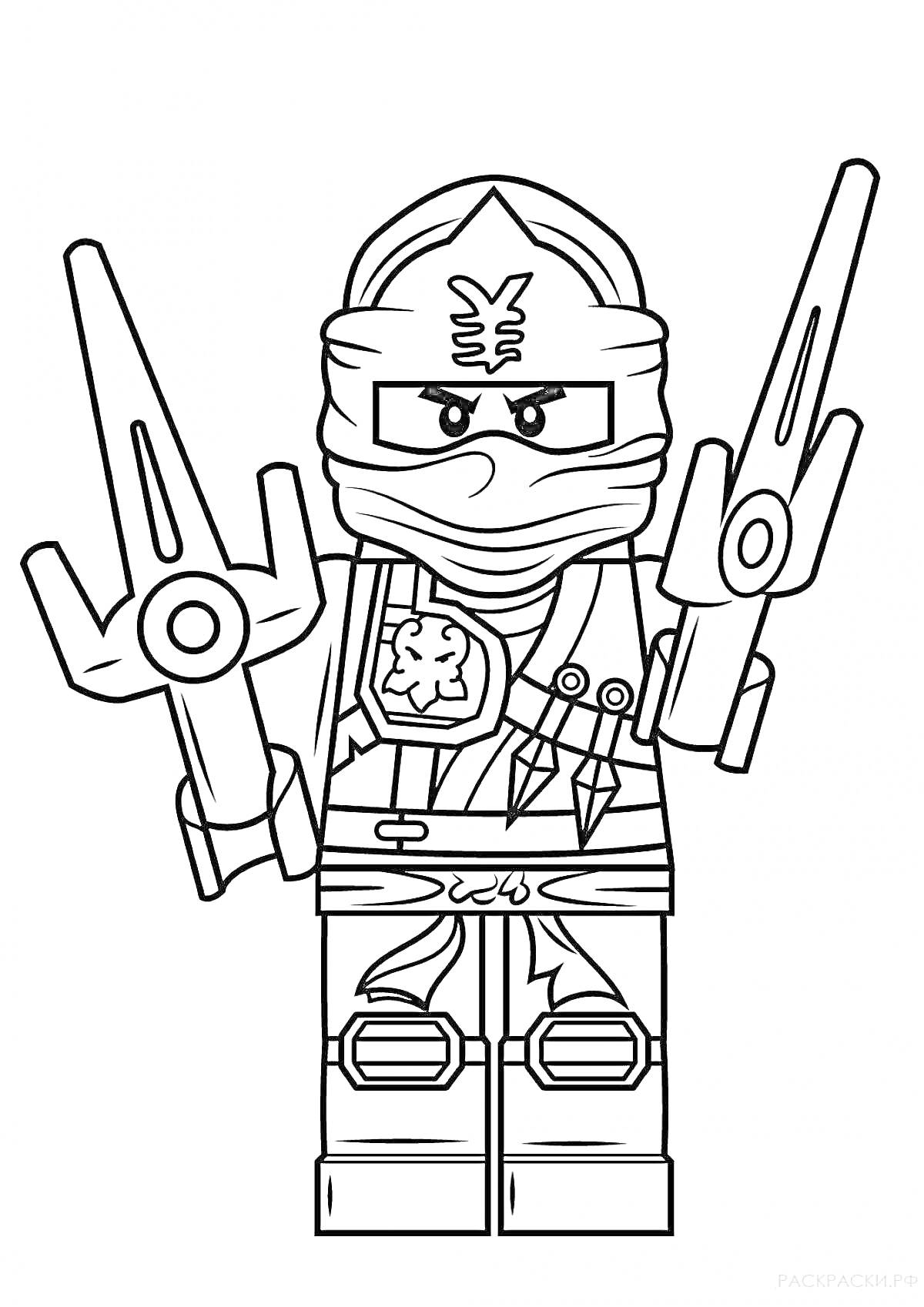 Раскраска Лего-нинзя в маске с двумя мечами и сюрикенами на груди