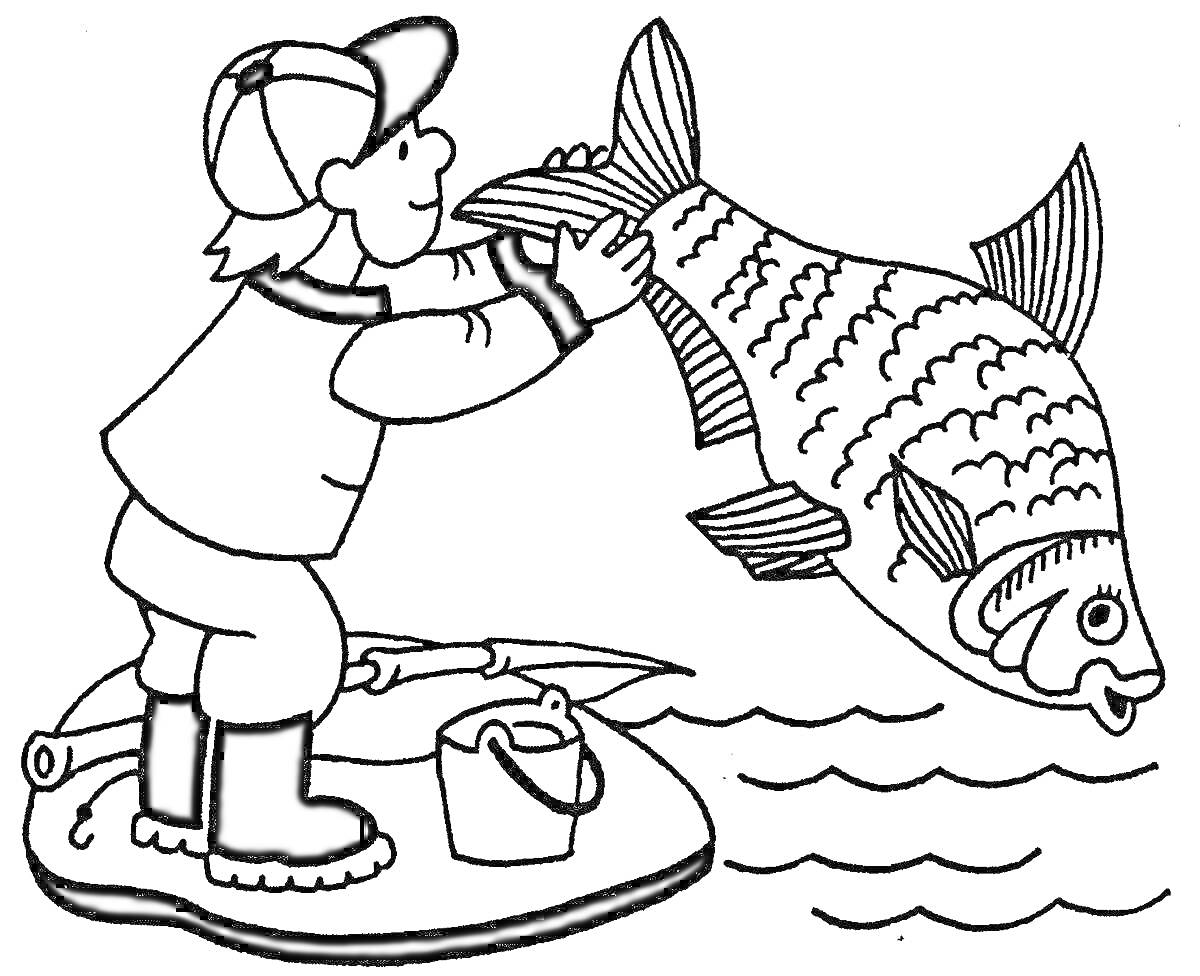 На раскраске изображено: Рыбак, Рыбалка, Рыба, Озеро, Удочка, Берег