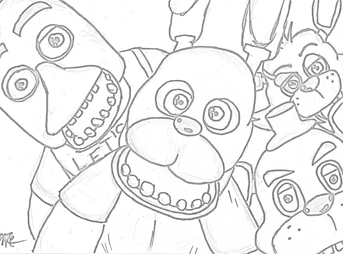 Раскраска Четыре аниматроника с большими глазами и открытыми ртами