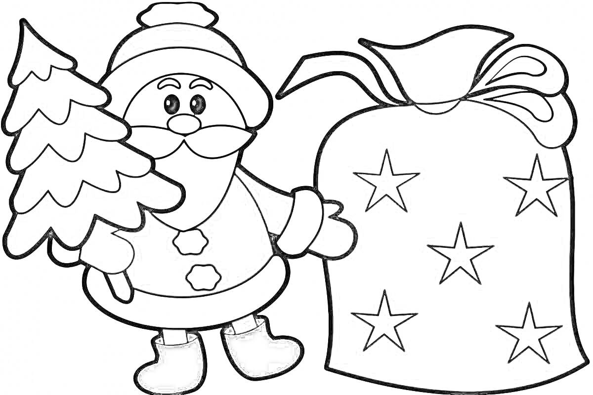 На раскраске изображено: Новый год, Дед Мороз, Зимние праздники, Елки, Мешок с подарками, Праздники