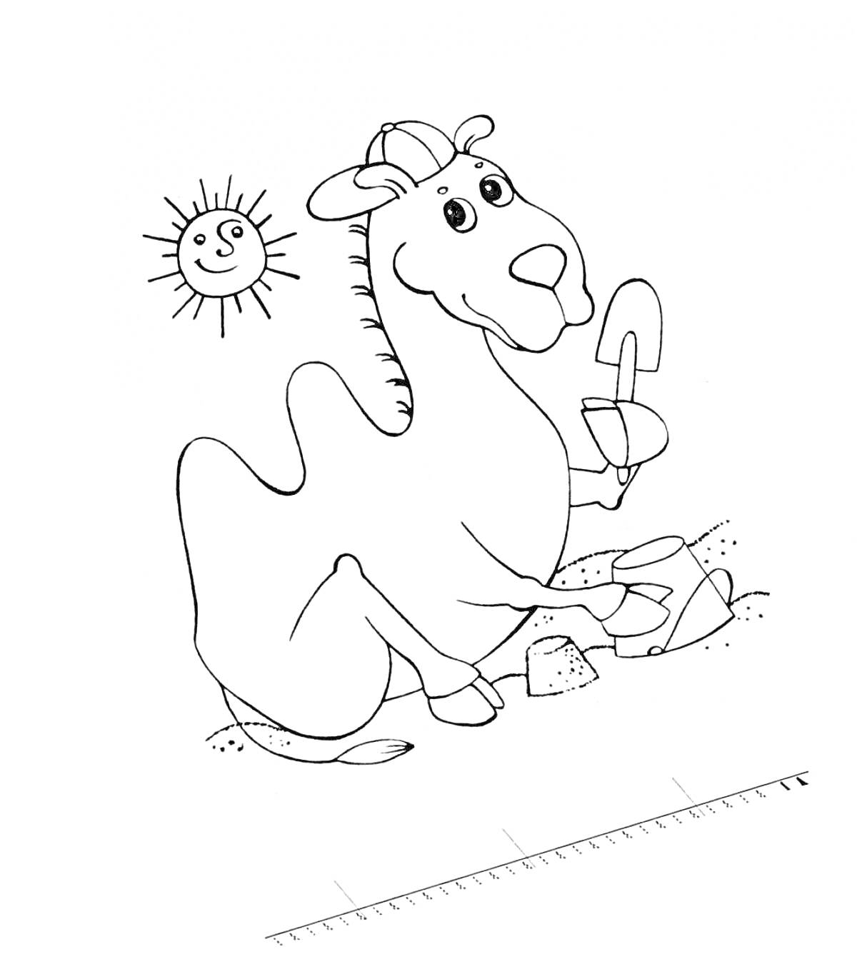 Раскраска Верблюд с лопатой, сидящий на песке под солнцем, в кепке и очках