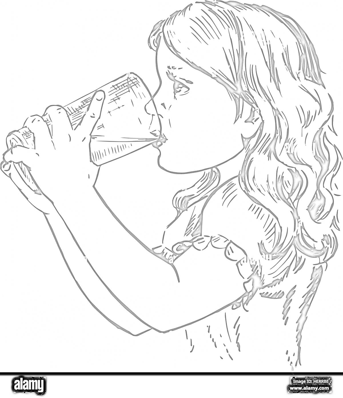 На раскраске изображено: Девочка, Стакан, Вода, Напиток, Волосы, Ребёнок, Контурные рисунки, Питьё