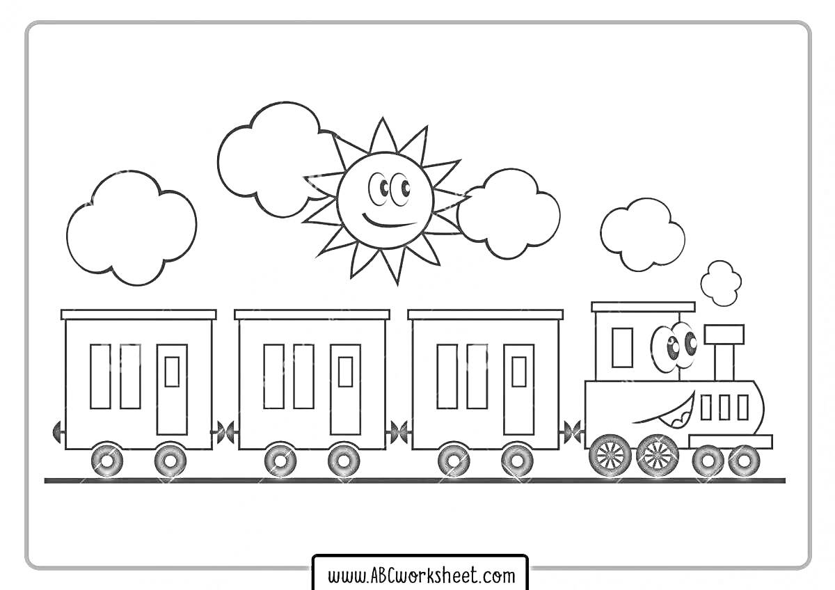 Раскраска Паровозик с лицом, тремя вагонами, улыбающееся солнце, облака