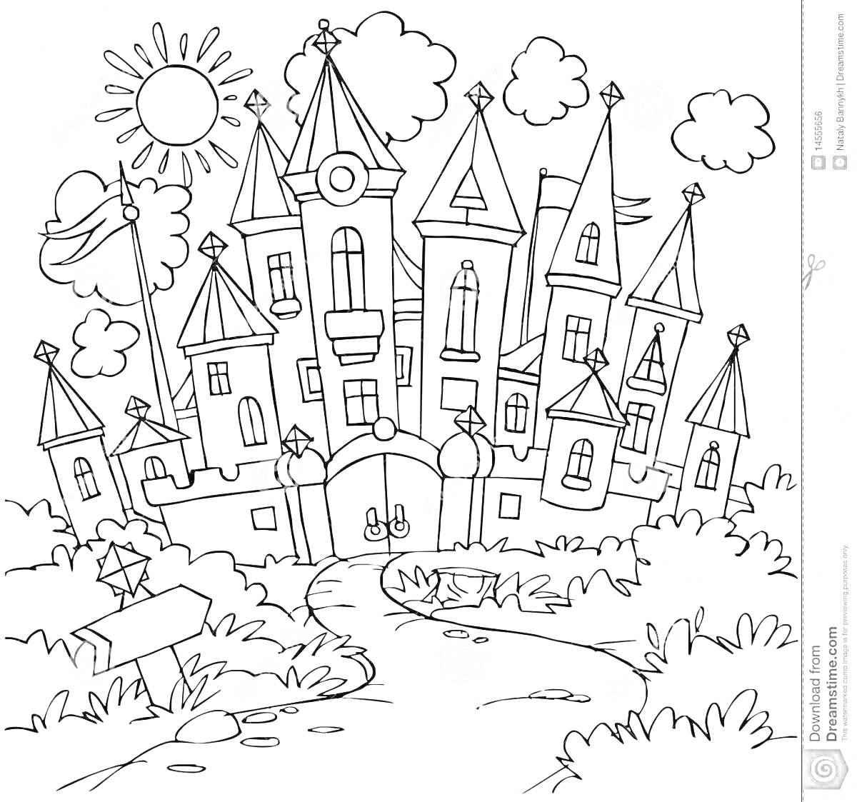 На раскраске изображено: Замок, Сказочный город, Солнце, Облака, Кусты, Окна, Башни, Для детей