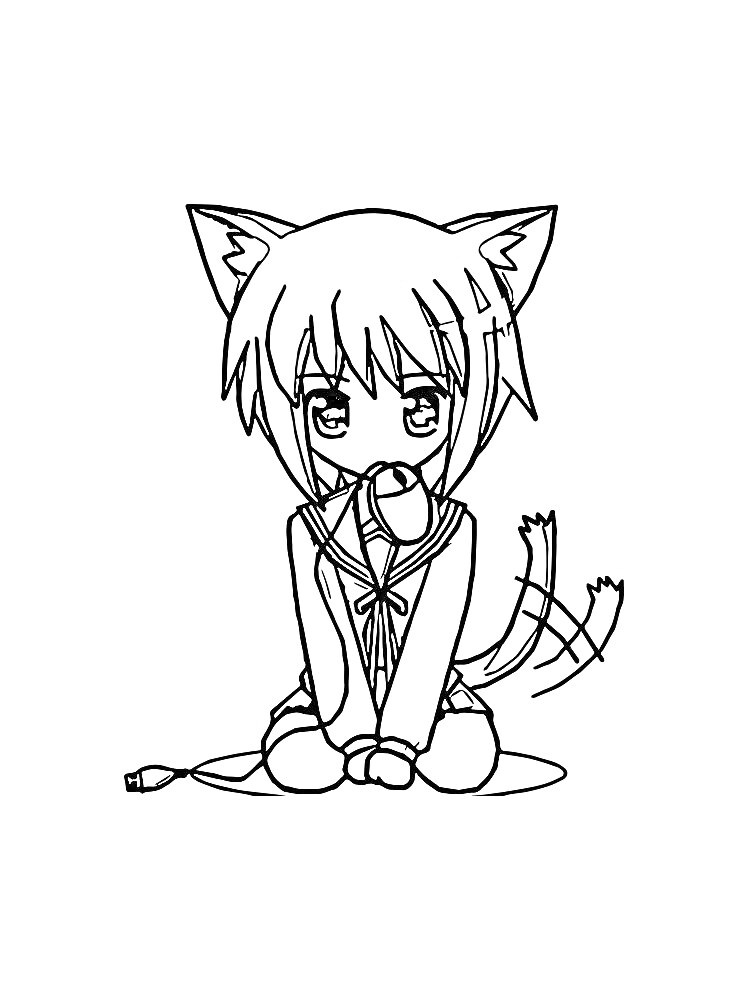 Раскраска Девочка с кошачьими ушами в аниме стиле, с хвостом, в школьном костюме и бантом, сидящая на коленях