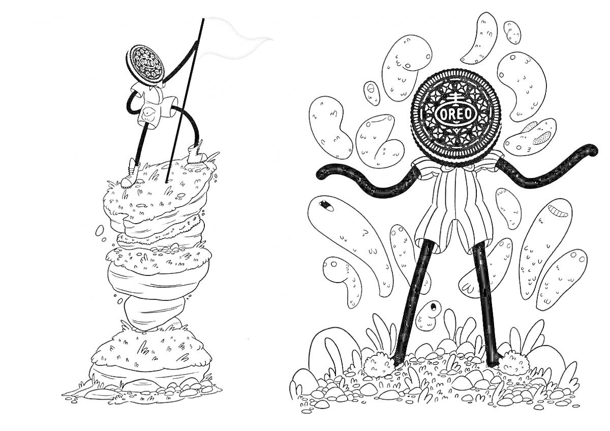 Раскраска Орео-человек на вершине кучи печенья с флагом и Орео-человек с овощами