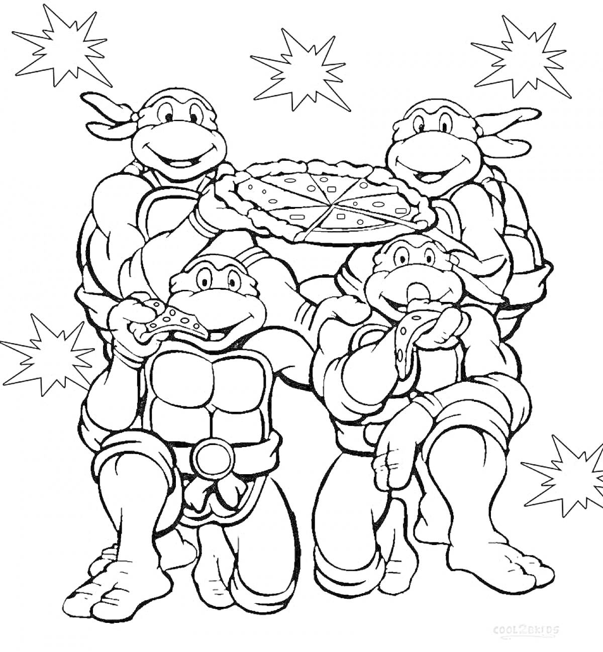 Раскраска Черепашки-ниндзя держат пиццу, звезды фоном