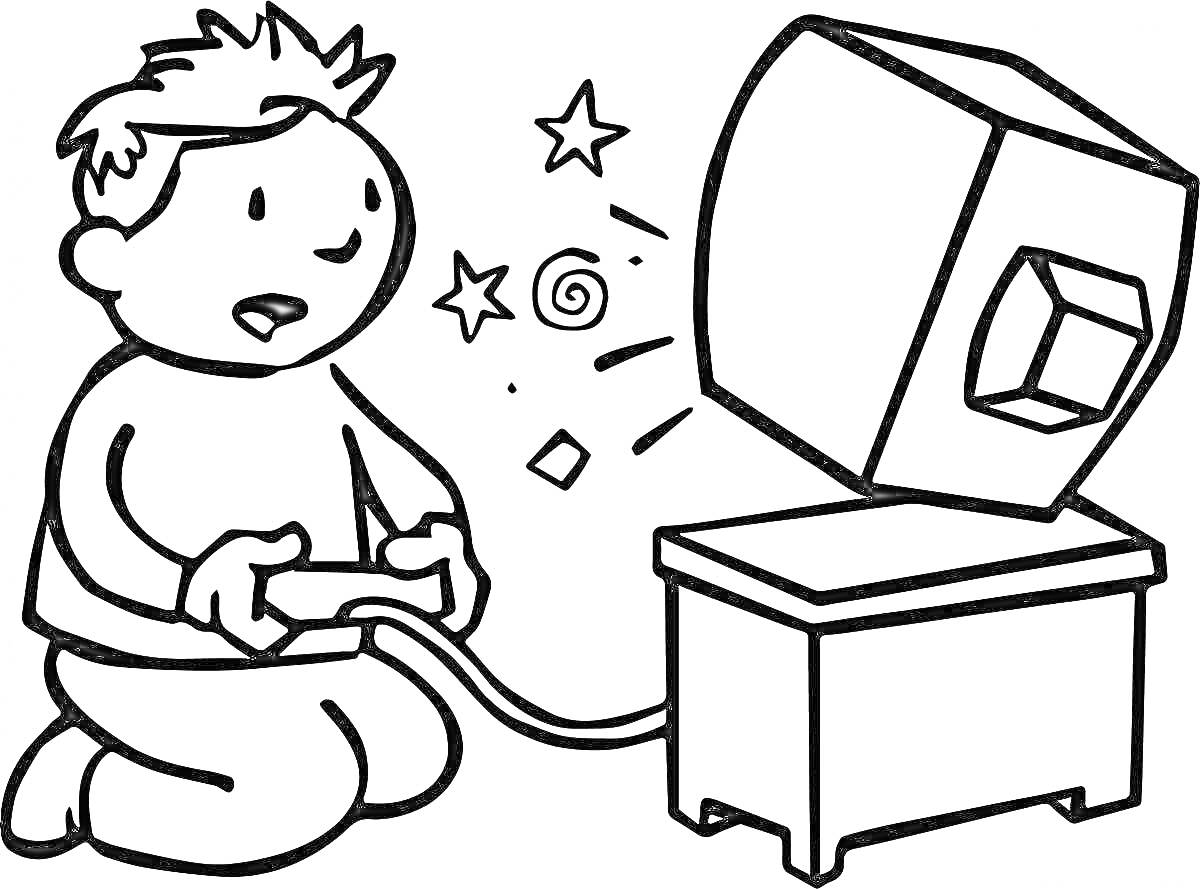 Раскраска Ребёнок с джойстиком играет в видеоигру перед телевизором, который стоит на столе