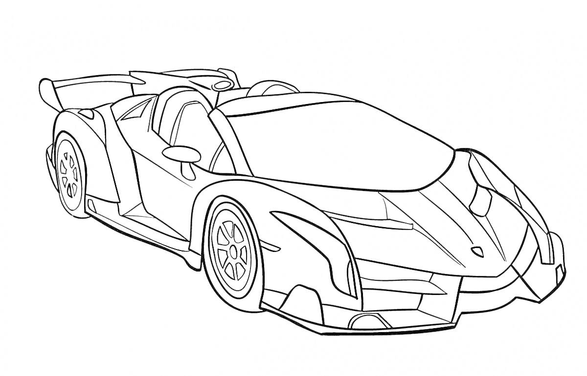 На раскраске изображено: Спорткар, Lamborghini, Спойлер, Колёса, Капот, Окна, Дизайн