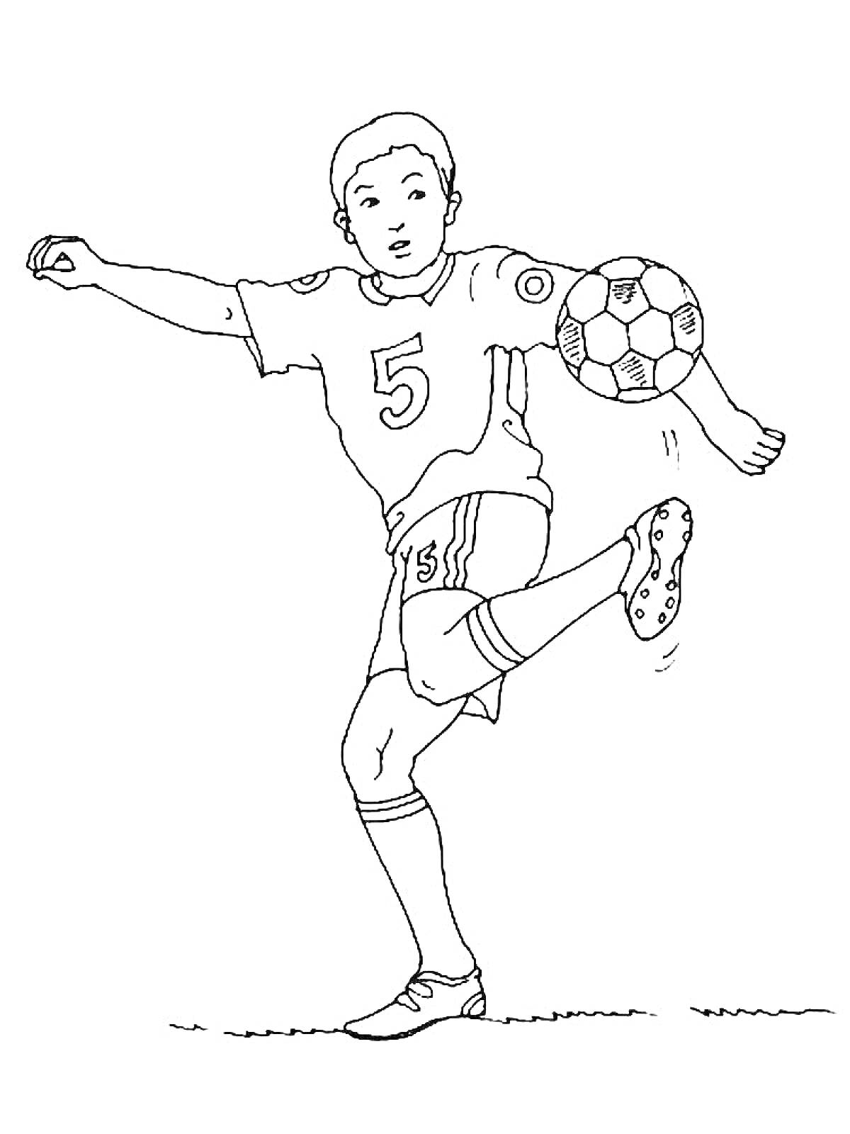 На раскраске изображено: Футболист, Удар, Спорт, Трава, Игра, Обувь