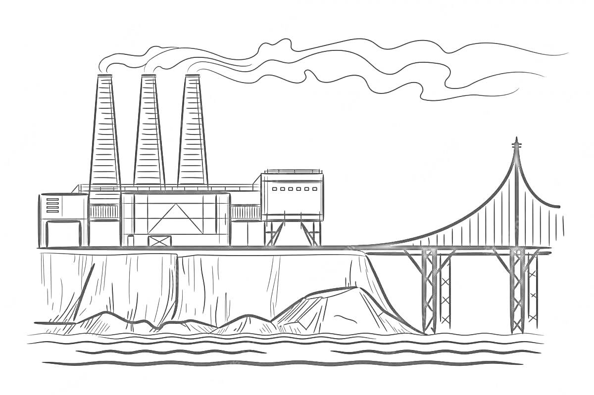 Раскраска Завод с фабричными трубами, мостом, горами и водой
