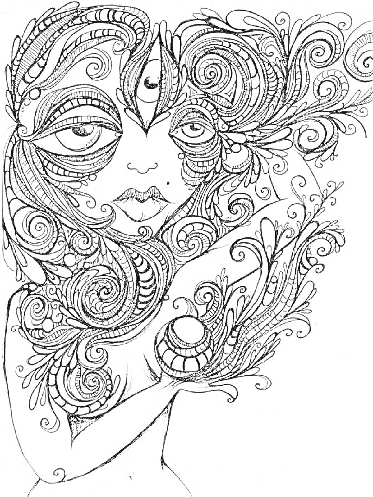Раскраска Женщина с большим глазом, полумесяцем на лбу и волнистыми психоделическими узорами, окружённая сложными цветочными элементами