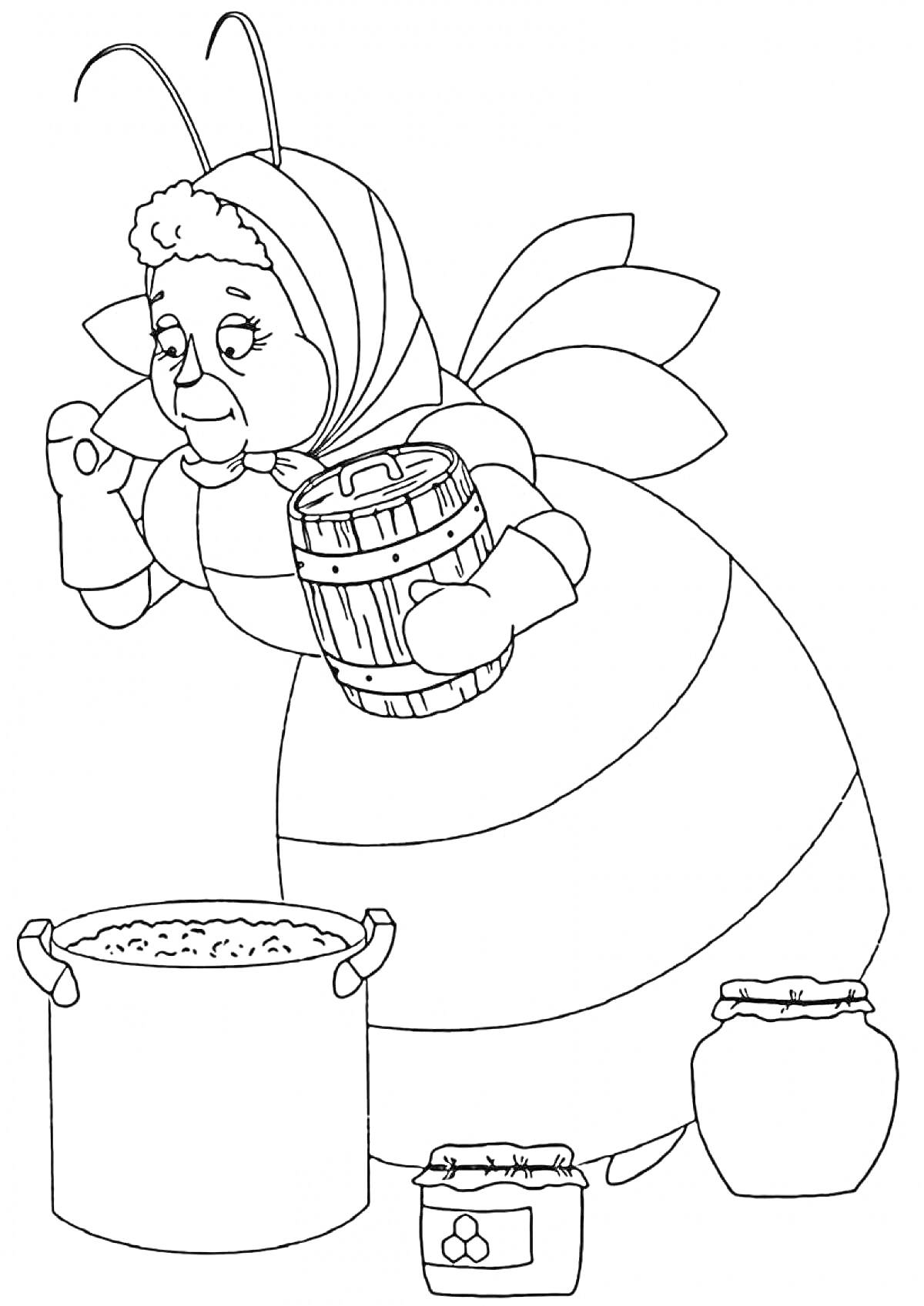 Раскраска Баба Капа держит бочонок и помешивает еду в кастрюле, рядом стоят два горшка с едой