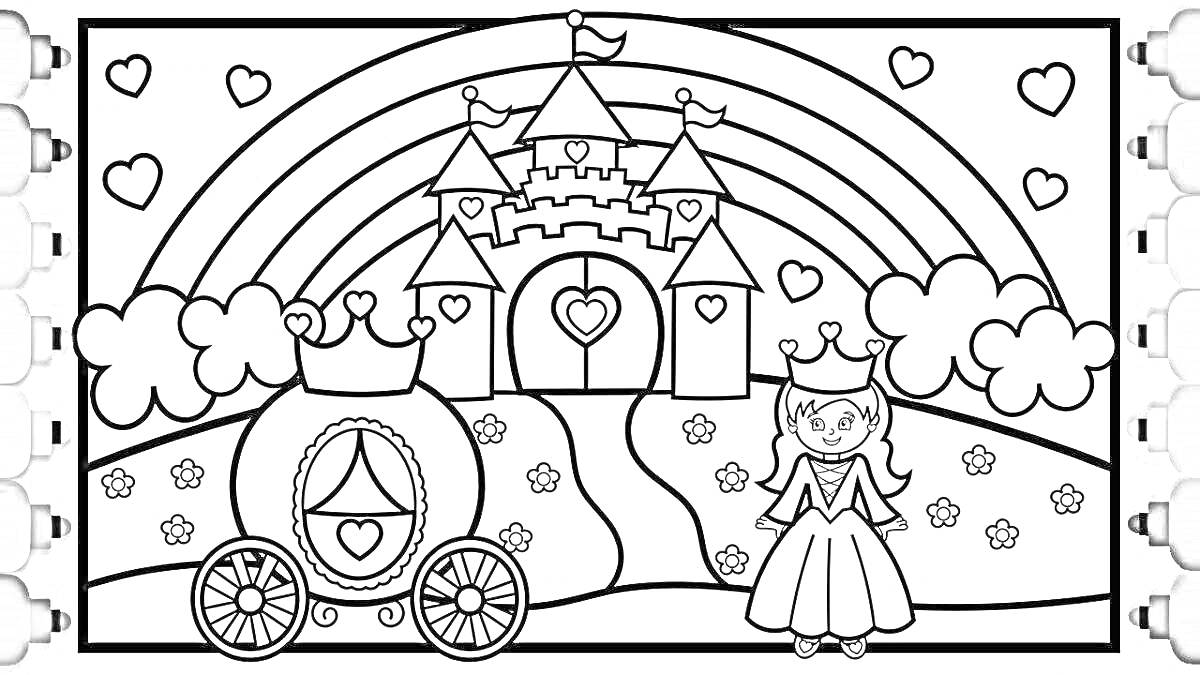 На раскраске изображено: Замок, Принцесса, Облака, Карета, Корона, Сердца, Из сказок, Для детей, Радуги