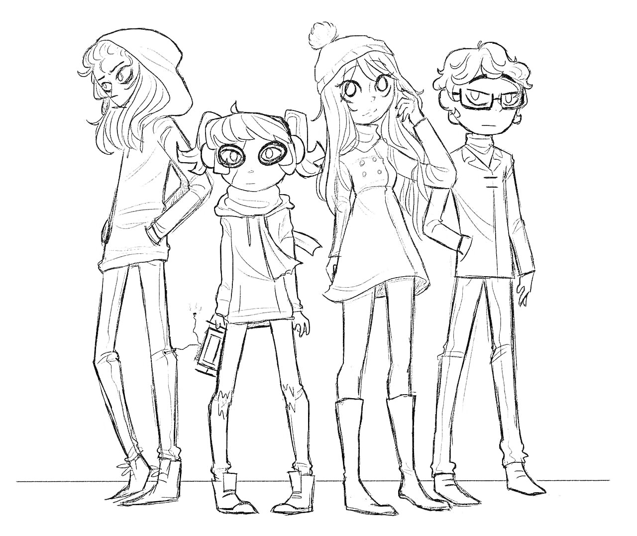 Раскраска Четыре подростка в зимней одежде, один из них держит фонарь