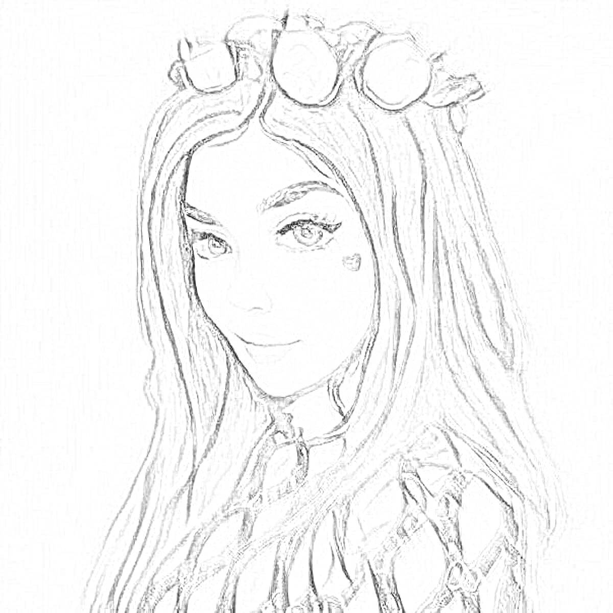 Раскраска Портрет девушки с длинными волосами, сердечком на щеке и цветочным ободком