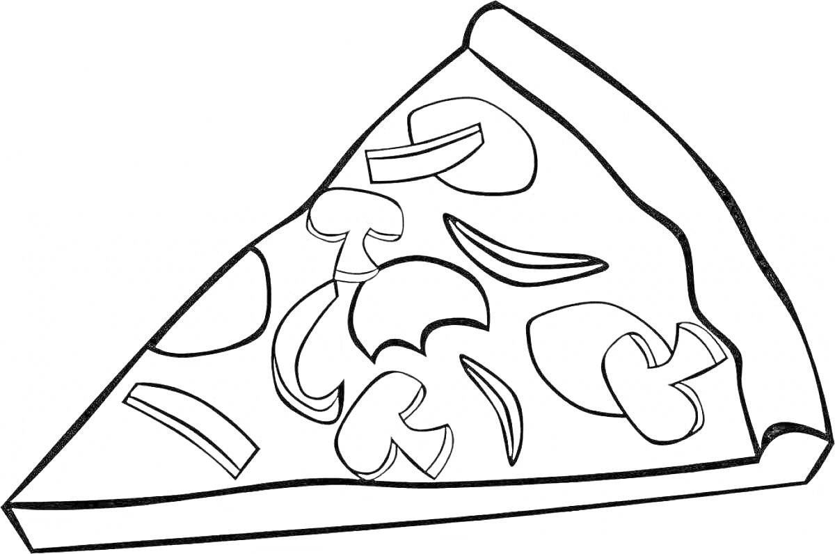 Раскраска кусочек пиццы с грибами и кольцами лука
