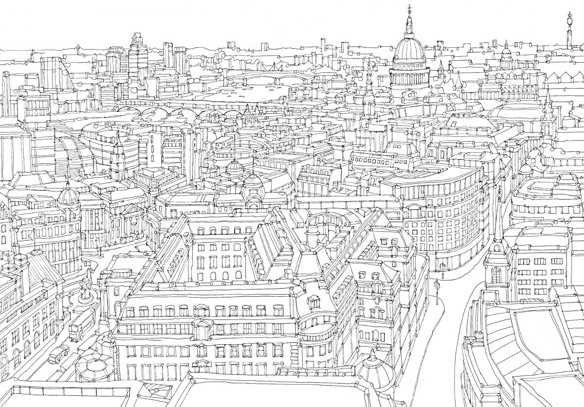 На раскраске изображено: Здания, Архитектура, Улицы, Пейзаж, Купола