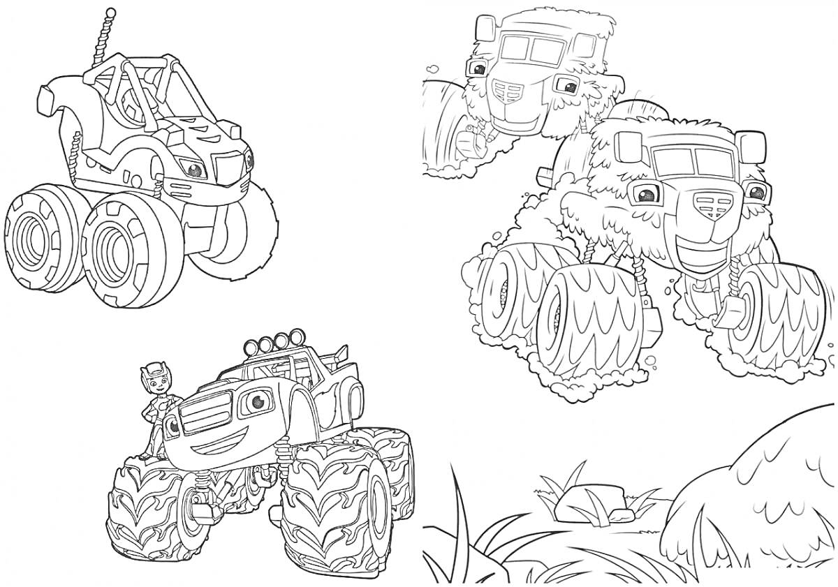 На раскраске изображено: Трава, Водитель, Для детей, Вспыш и Чудо Машинки, Монстер трак