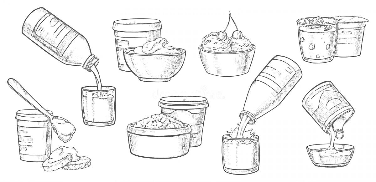 Раскраска Набор рисунков со сгущенкой в различных емкостях и десертах, включая банку, бутылку, миску, мороженое с вишней, стакан и тарелку с печеньем