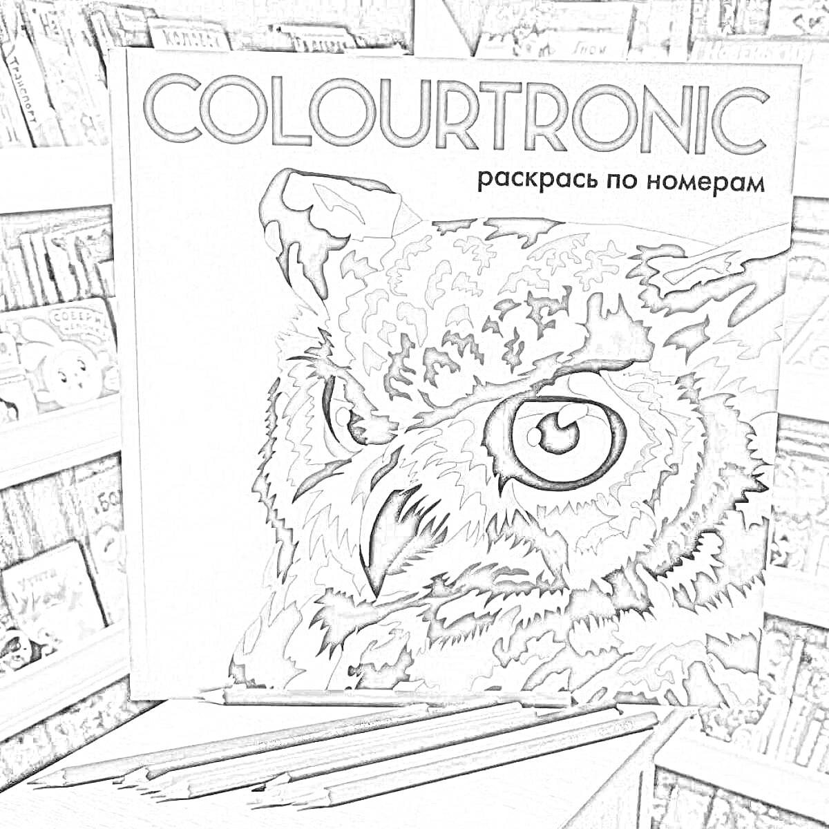 Раскраска по номерам Colourtronic с изображением совы и цветными карандашами на фоне книжного магазина